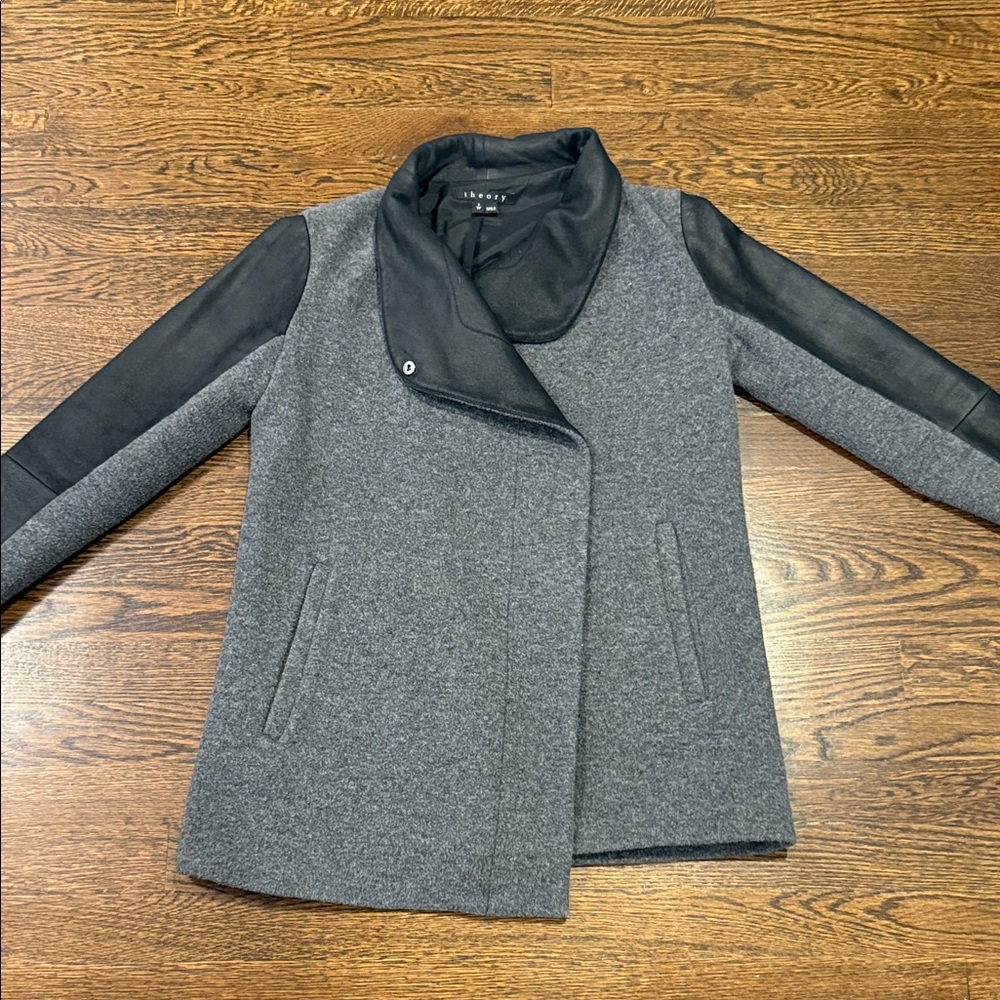 Theory Gray and Black Leather Jacket — P